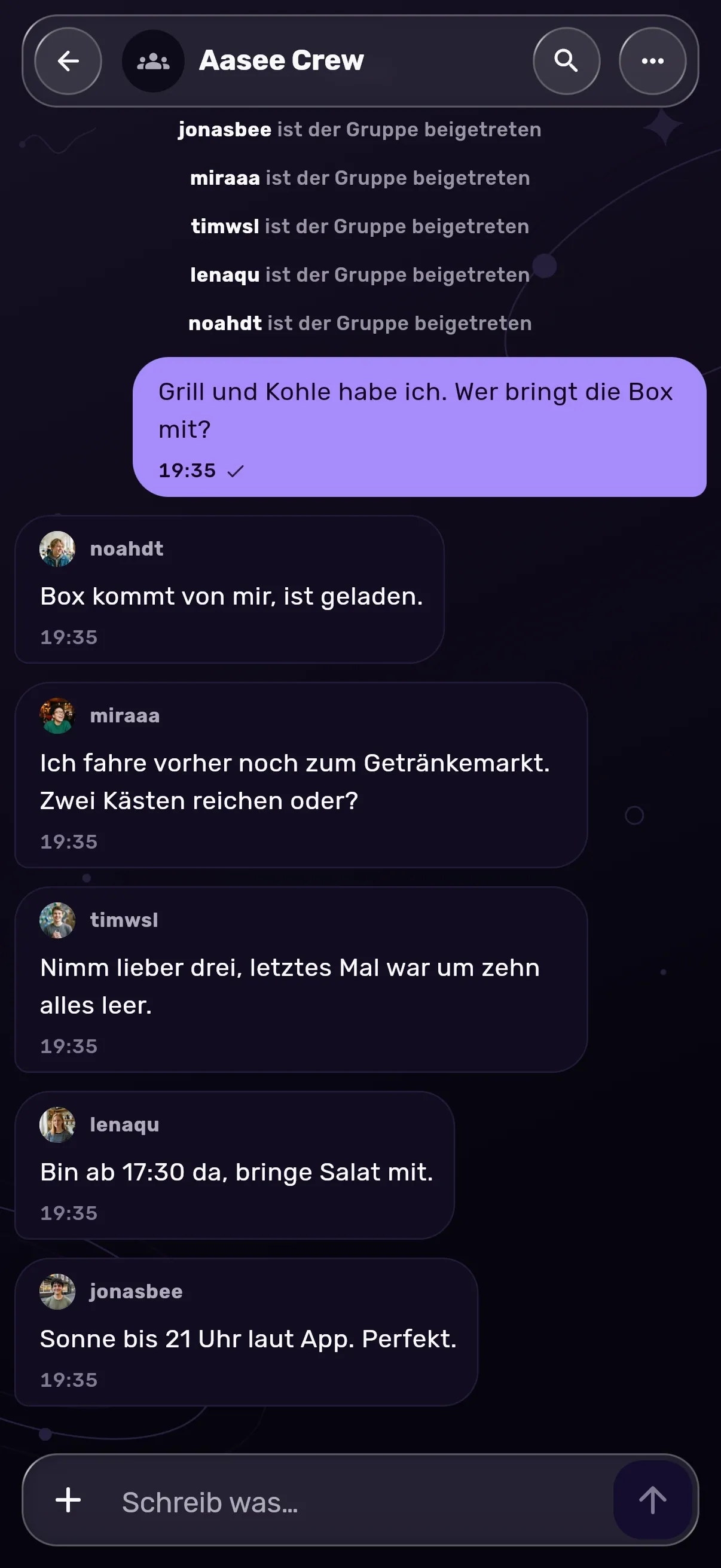 Originalansicht der gemeinsamen Eventplanung im Randalo-Gruppenchat