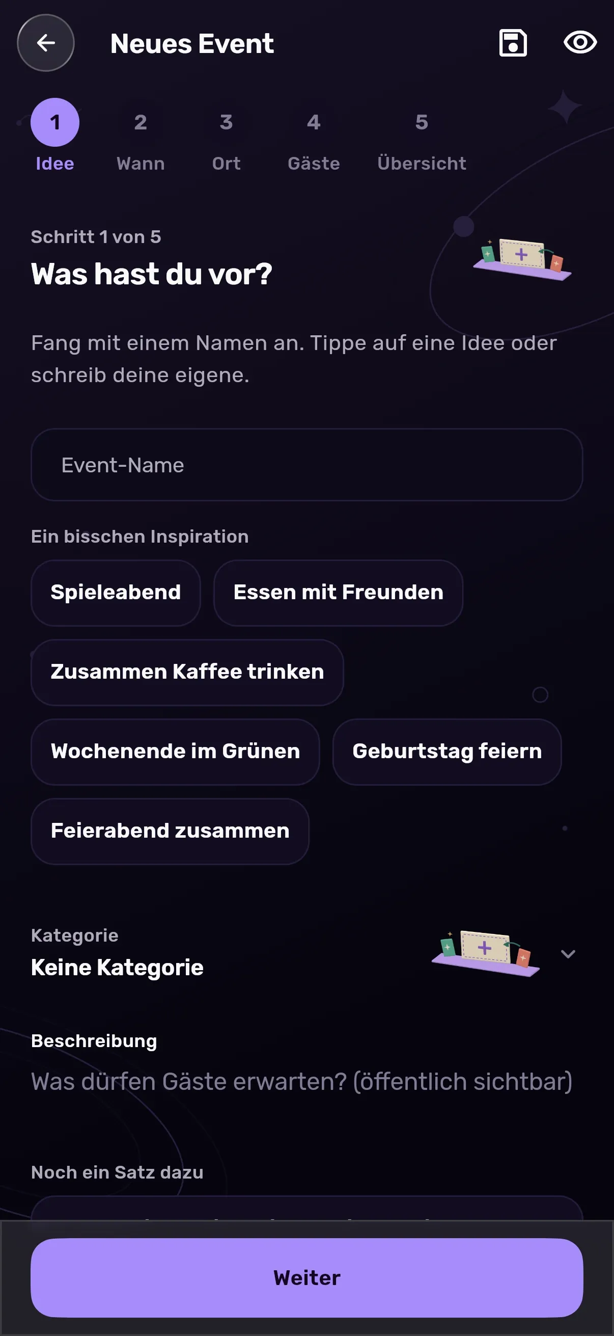 Originalansicht des Assistenten zum Erstellen eines Events