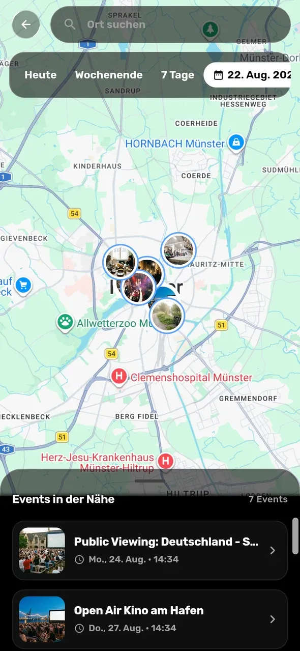 Kartenansicht der Randalo-iPhone-Beta mit lokalen Event-Markierungen