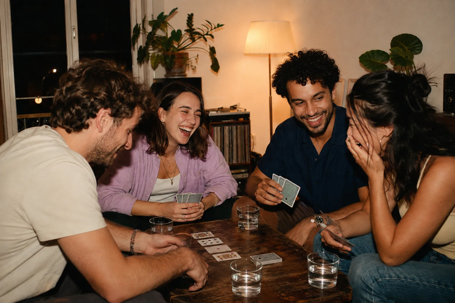 KI-generierte Szene: Freunde lachen bei einem gemeinsamen Spieleabend am Küchentisch